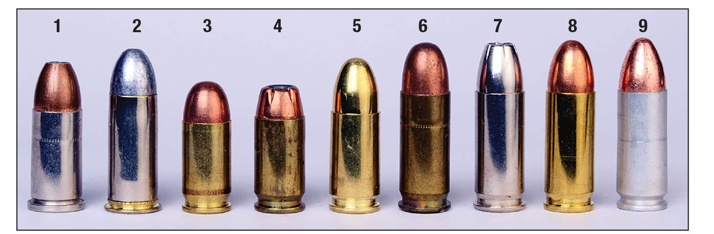 These various cartridges are 9mms in name or dimensionally: (1) 9mm Federal Revolver, (2) 9mm Japanese Revolver, (3) 9mm Kurz (.380 Auto), (4) 9mm Makarov, (5) 9mm Parabellum, (6) .38 Auto, (7) .38 Super +P, (8) 9mm Steyr and (9) 9mm Largo.